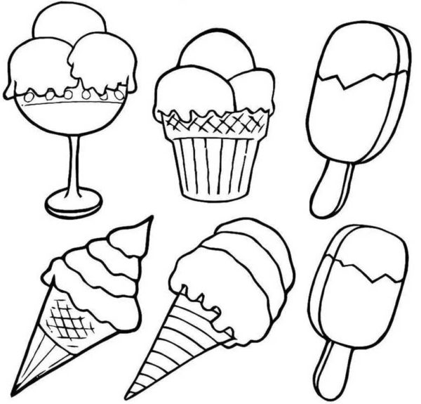 Kuusi erilaista jäätelöä. Värityskuva