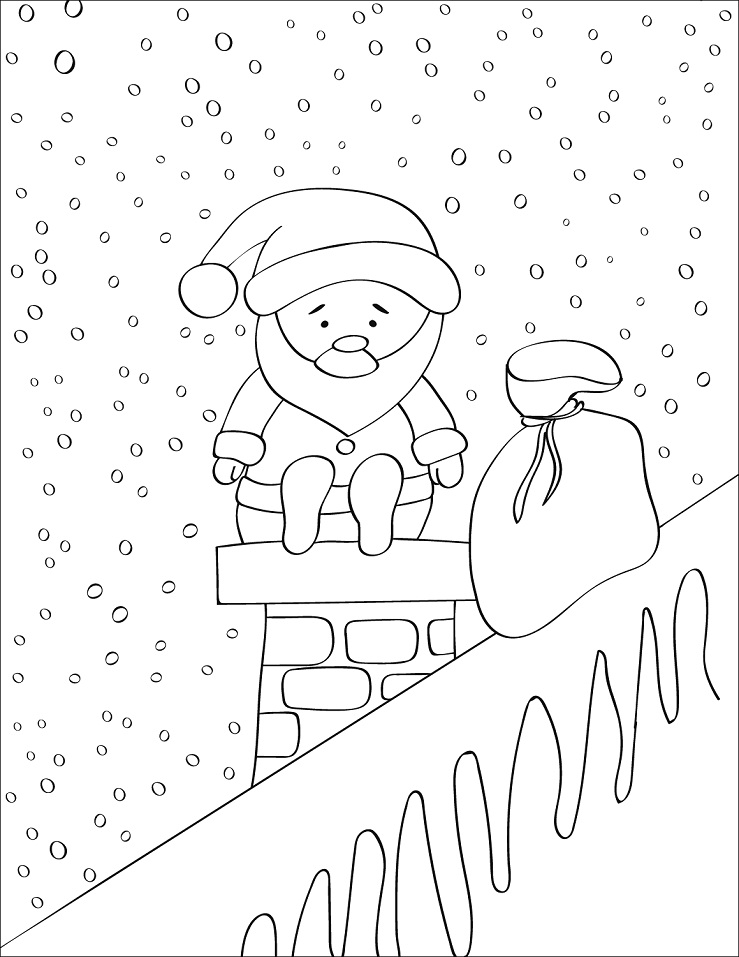 Joulupukki istuu savupiipun päällä Värityskuva