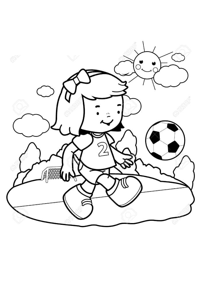 Pieni tyttö pelaa jalkapalloa Värityskuva