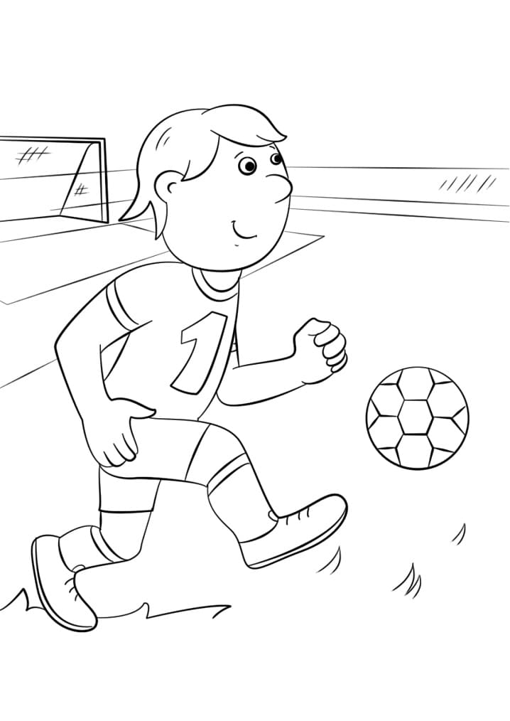 Sarjakuva poika pelaa jalkapalloa Värityskuva