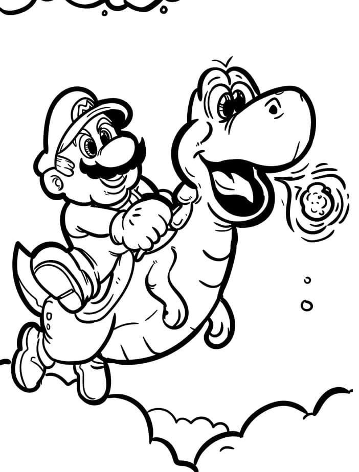 Yoshi ja Super Mario lentävät Värityskuva