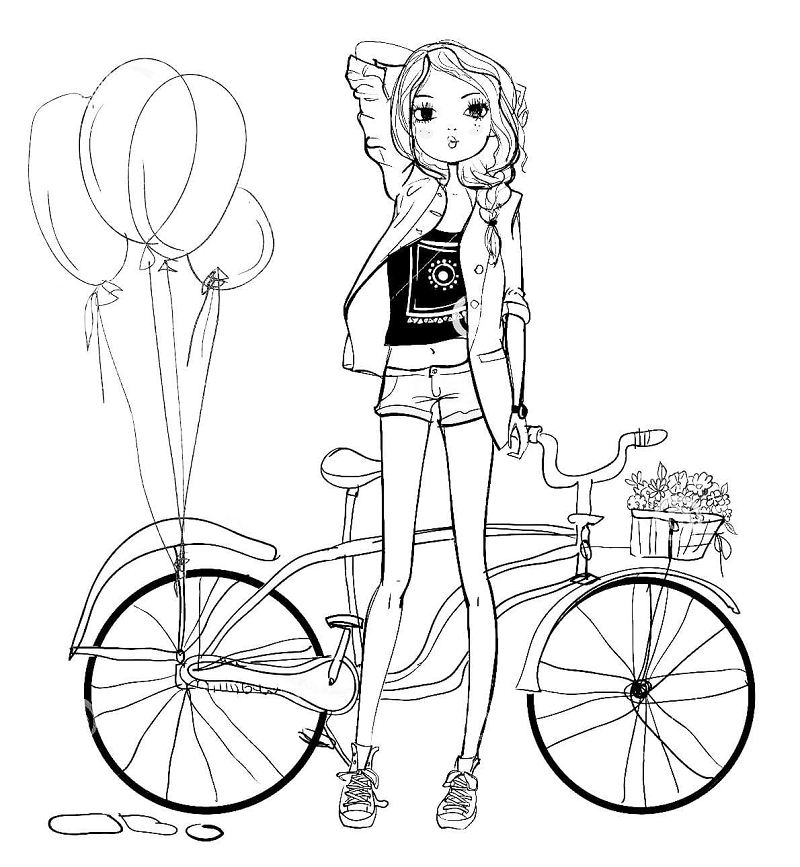 Tyttö ja pyörä Värityskuva