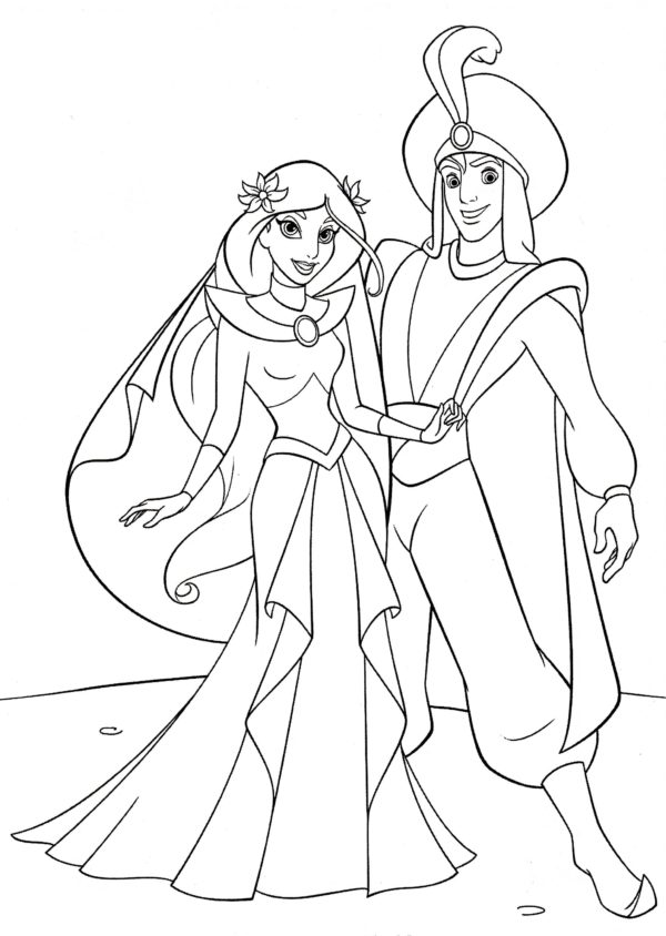 Aladdinin ja prinsessa Jasminen häät. Värityskuva