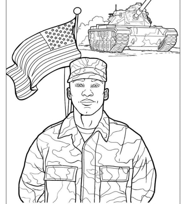 Amerikkalainen sotilas panssarivaunun edessä. Värityskuva