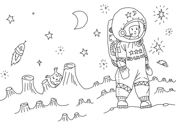 Astronautti planeetan pinnalla. Värityskuva