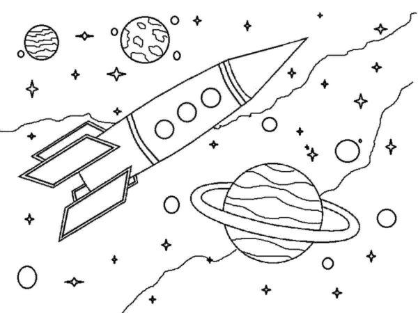 Avaruusraketti ja planeetat. Värityskuva