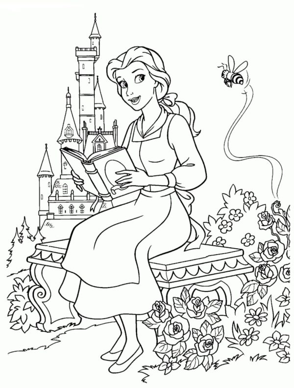 Belle lukee satuja satupuutarhassa. Värityskuva