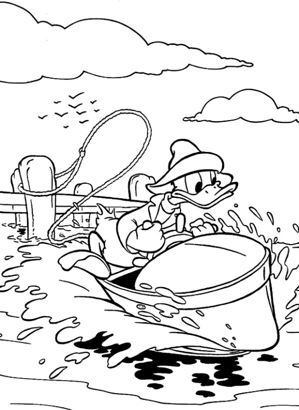 Huolimaton Donald lähtee liikkeelle kiinnitetyllä veneellä - Värityskuva