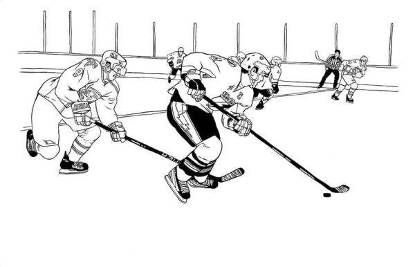 Jääkiekkoilijat harjoittelevat huolellisesti ennen jokaista tärkeää peliä. Värityskuva
