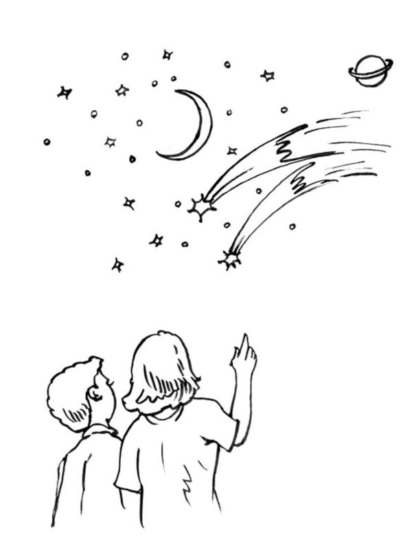 Lapset katsovat tähtiä Värityskuva