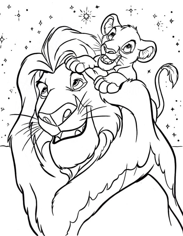 Leijonakuningas ja Simba katsovat tähtitaivasta Värityskuva