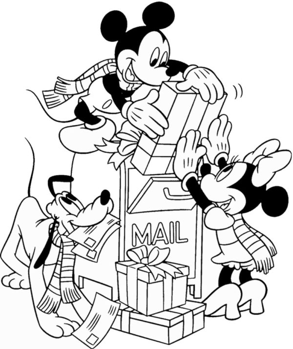 Mikiya, Mini ja Pluto lähettävät lahjoja ystävilleen Värityskuva