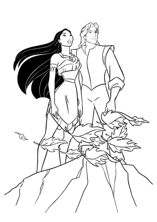 Pocahontas ja hänen rakastajansa. Värityskuva