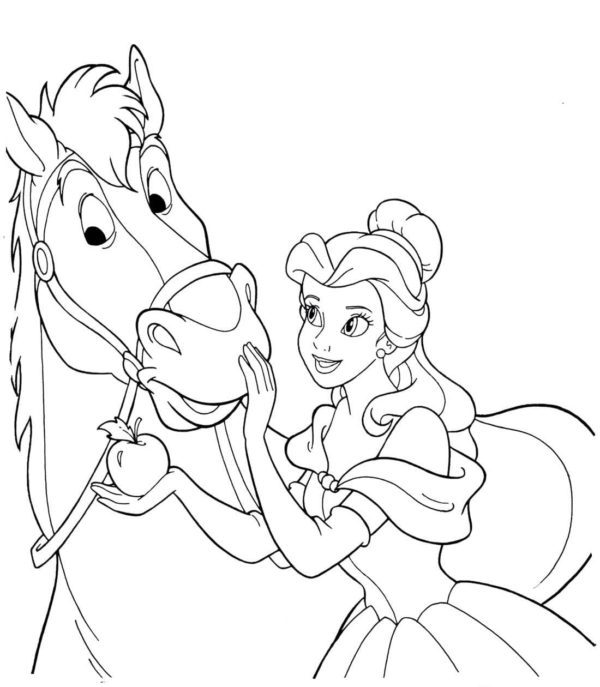Prinsessa kohtelee hevosta omenalla Värityskuva