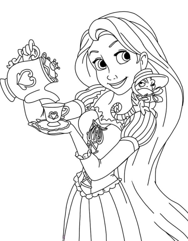 Rapunzel kohtelee pientä ystäväänsä teellä. Värityskuva