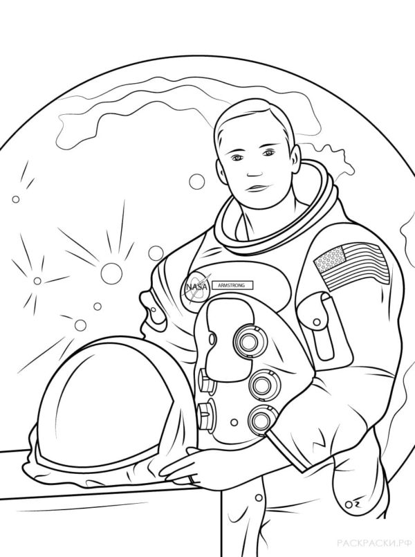 Rohkea astronautti valmistautuu lentämään avaruuteen. Värityskuva