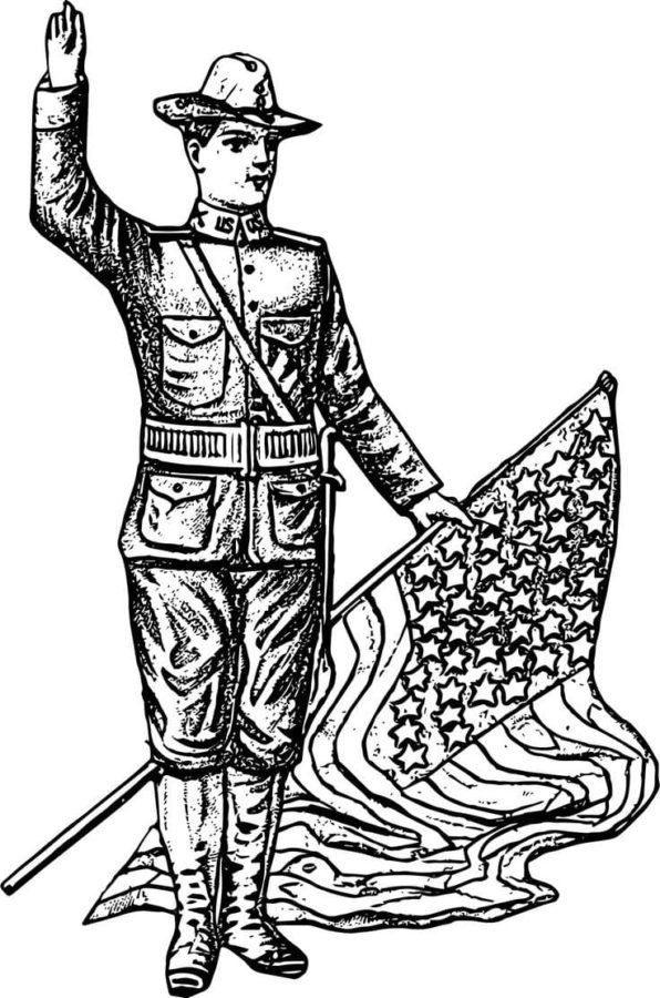 Sotilas amerikkalaisen lipun kanssa Värityskuva
