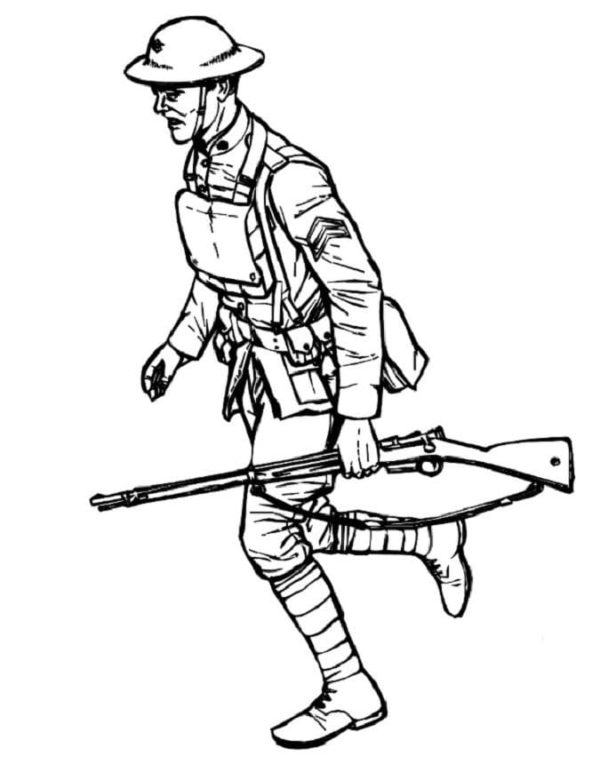 Sotilas juoksee vihollislinjojen takana Värityskuva