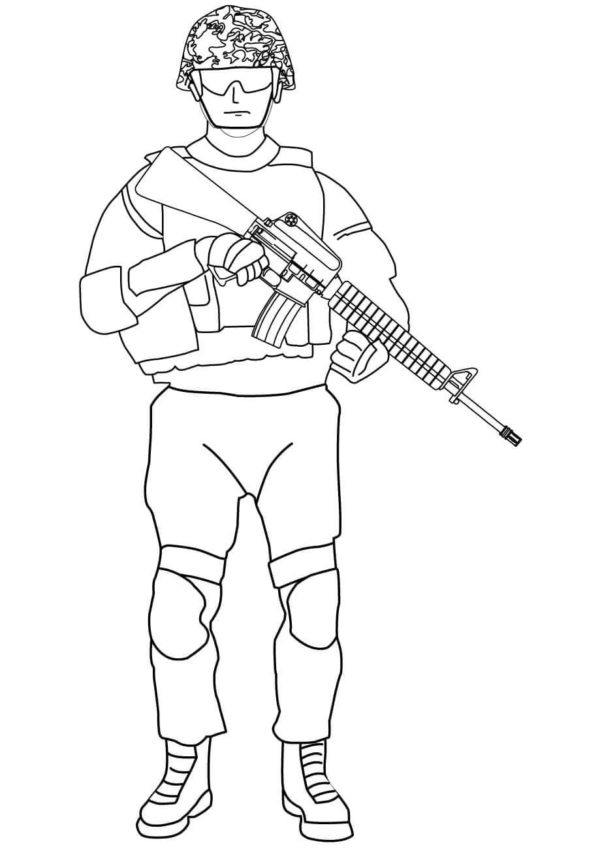 Sotilas kypärässä ja aseella Värityskuva
