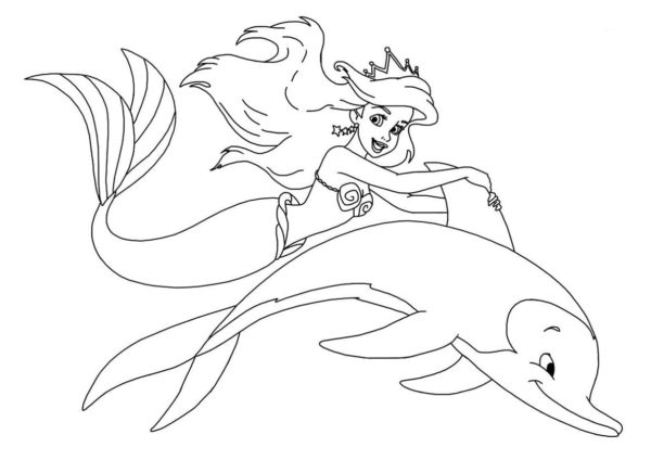 Ariel ratsastaa delfiinillä. Värityskuva