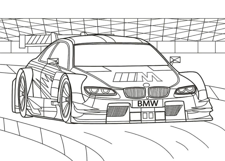 BMW M kilpa-auto radalla. Värityskuva