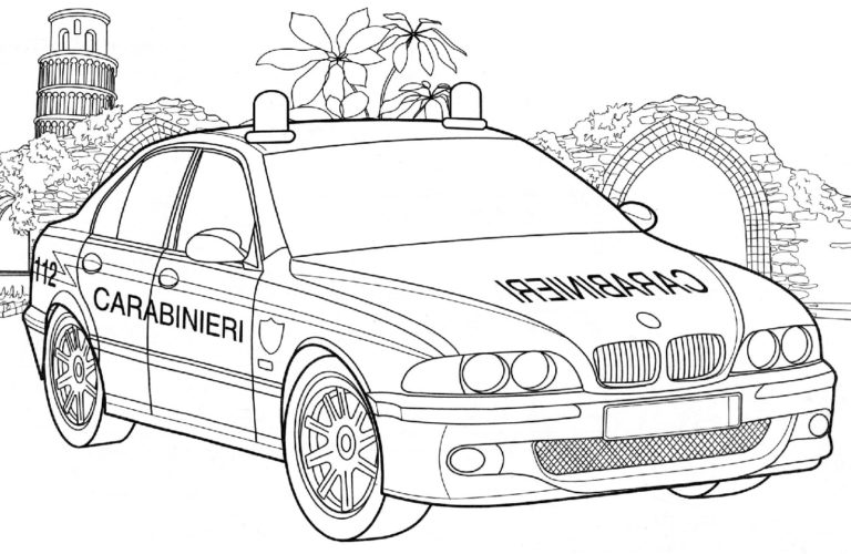BMW poliisiauto raunioiden taustalla Värityskuva