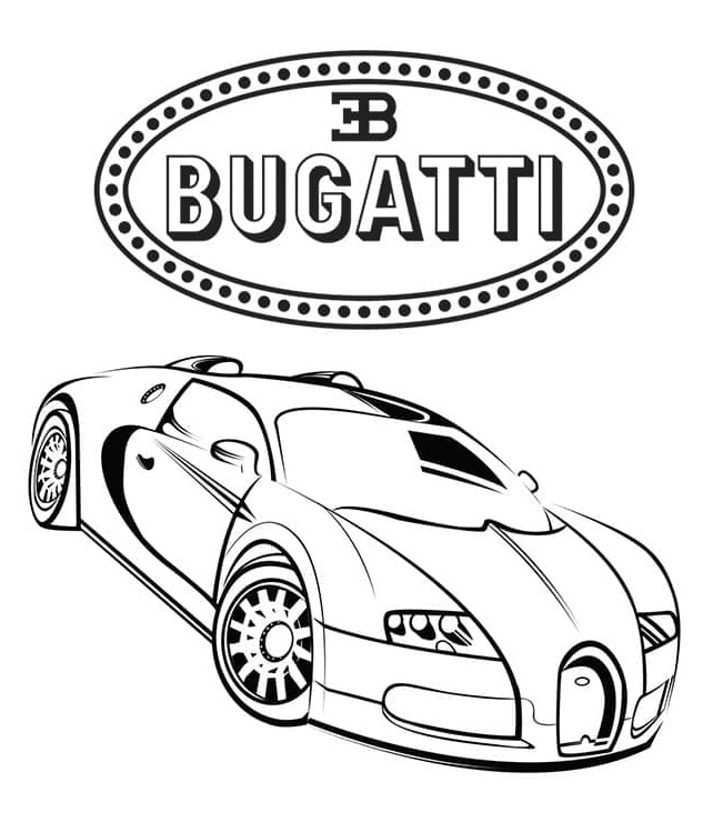 Bugatti logo ja auton värityssivu. Värityskuva