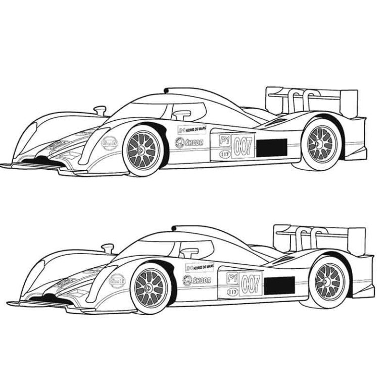 Kaksi Bugatti-kilpa-autoa. Värityskuva