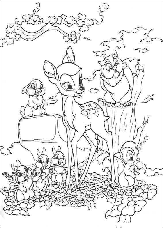 Bambi, pöllö, postimerkki ja kukka Värityskuva