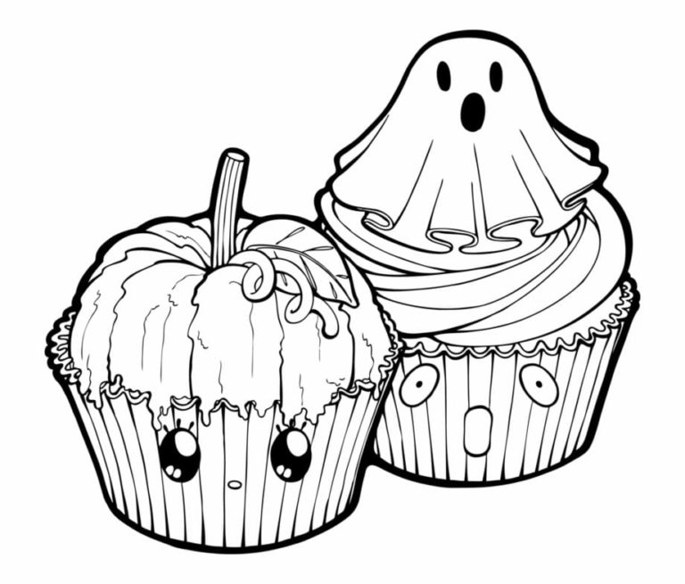Halloween ghost muffinit ja kurpitsat Värityskuva