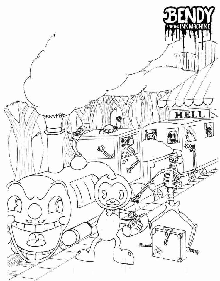Bendy ja Scary Train väritys sivu Värityskuva