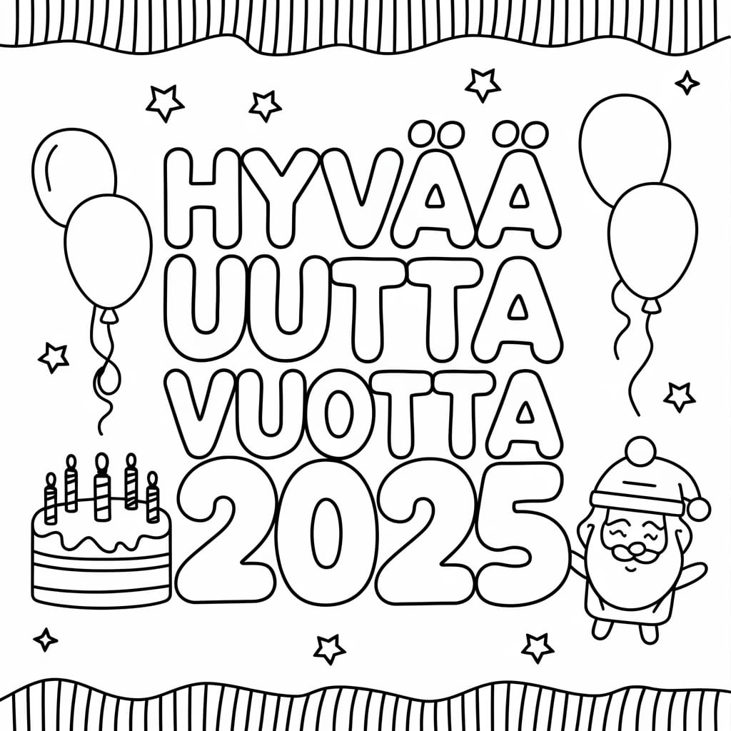 Hyvää uutta vuotta 2025 ja ilmapalloja Värityskuva