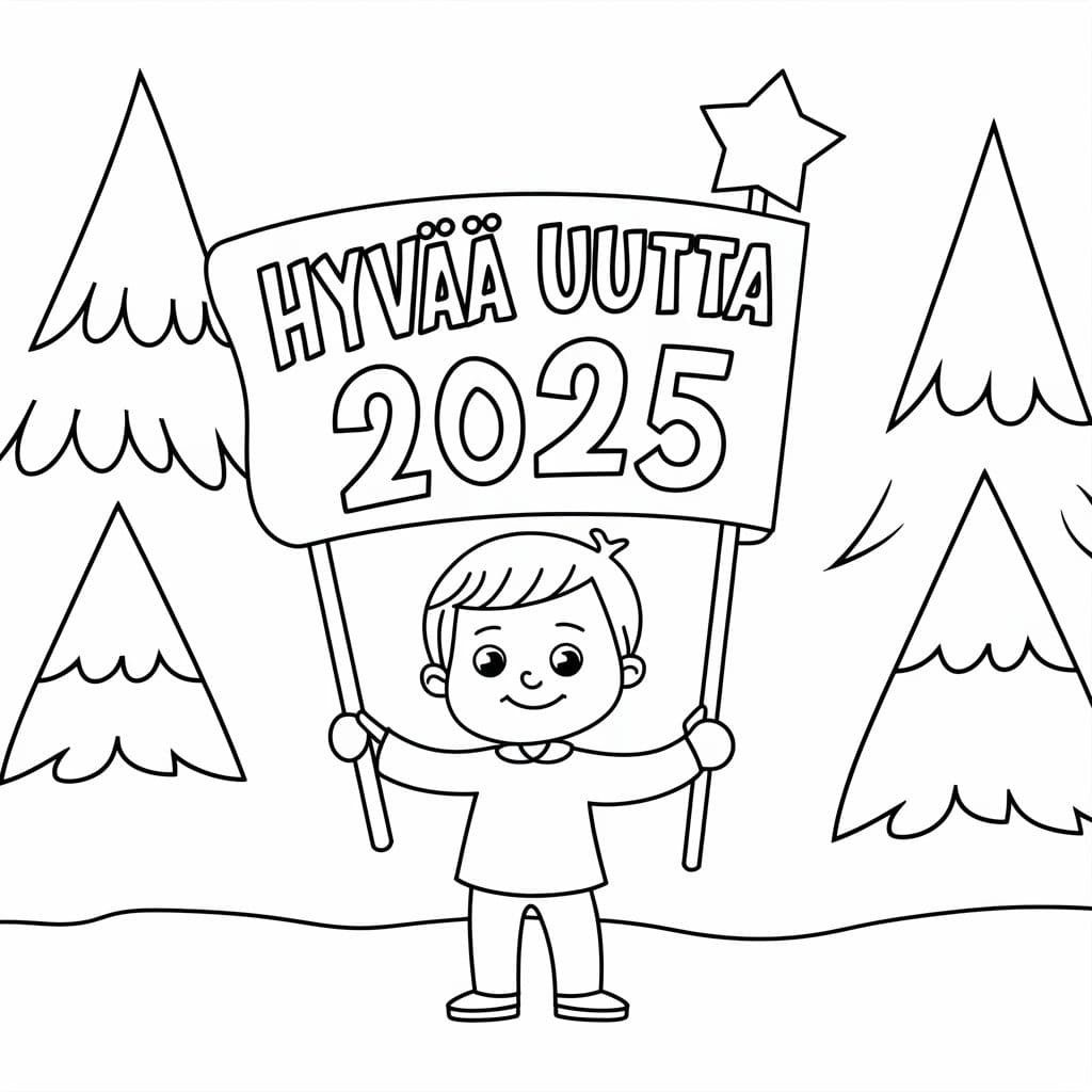 Hyvää uutta vuotta 2025 lapselle Värityskuva