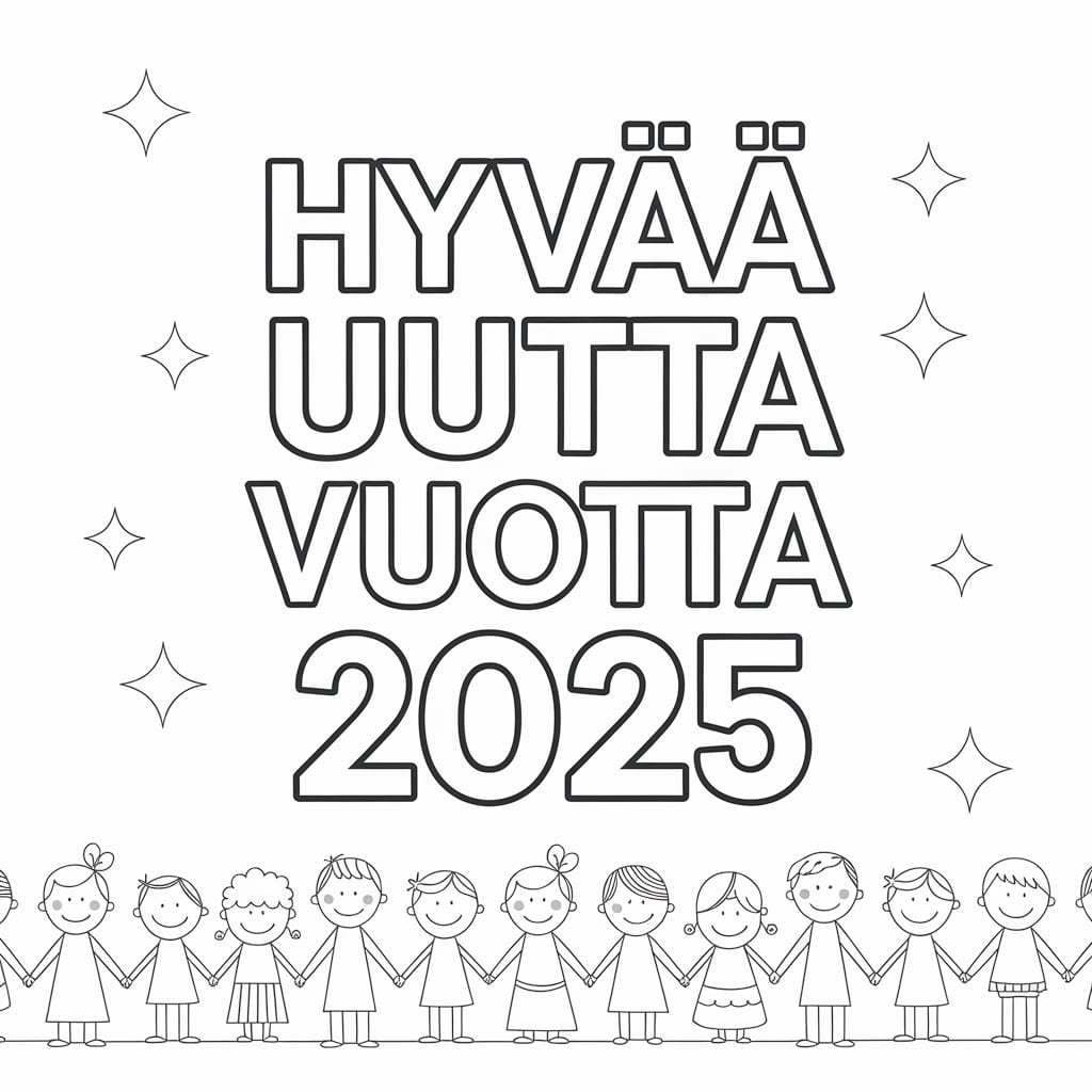 Hyvää uutta vuotta 2025 lapsille Värityskuva