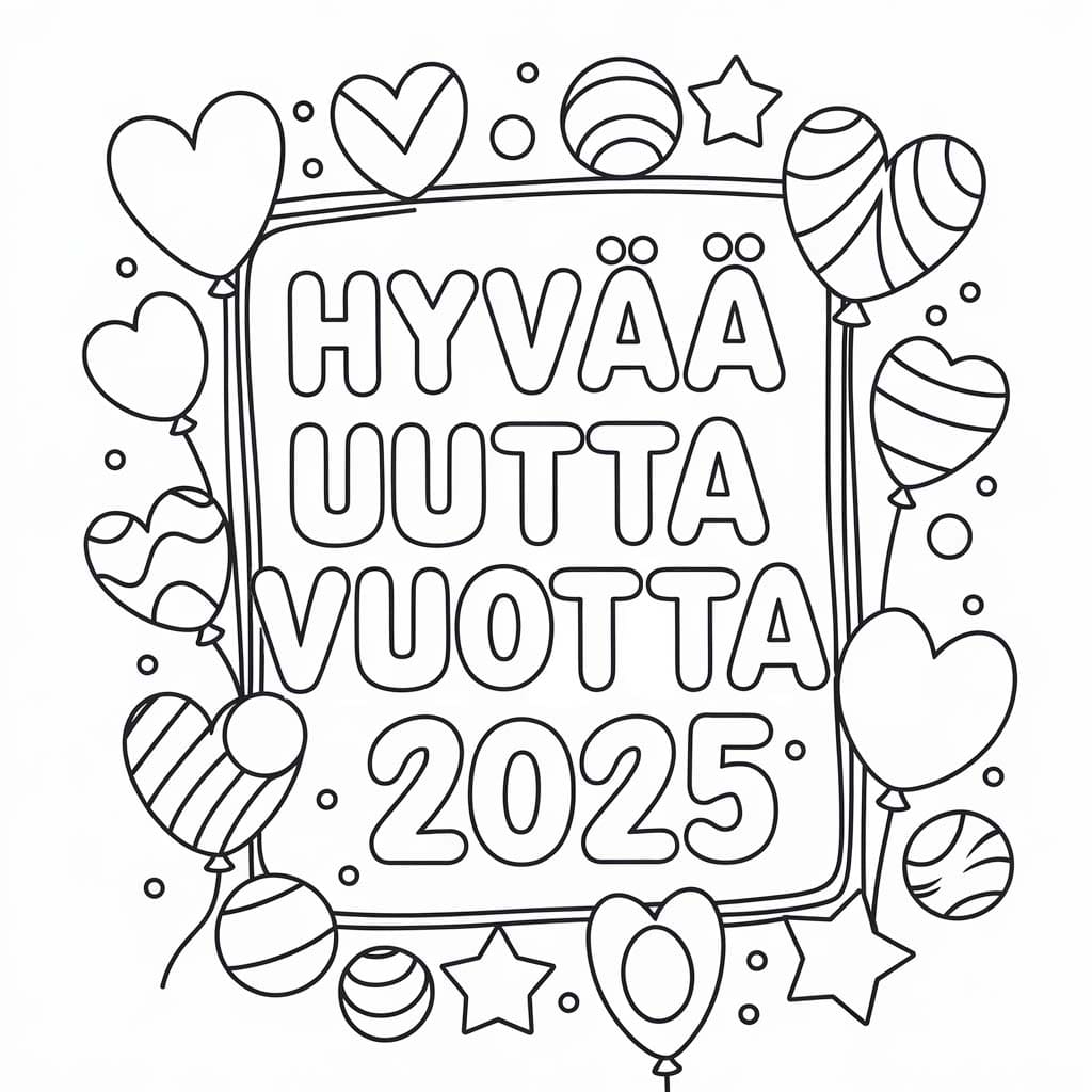 Hyvää uutta vuotta 2025 sydämellä Värityskuva