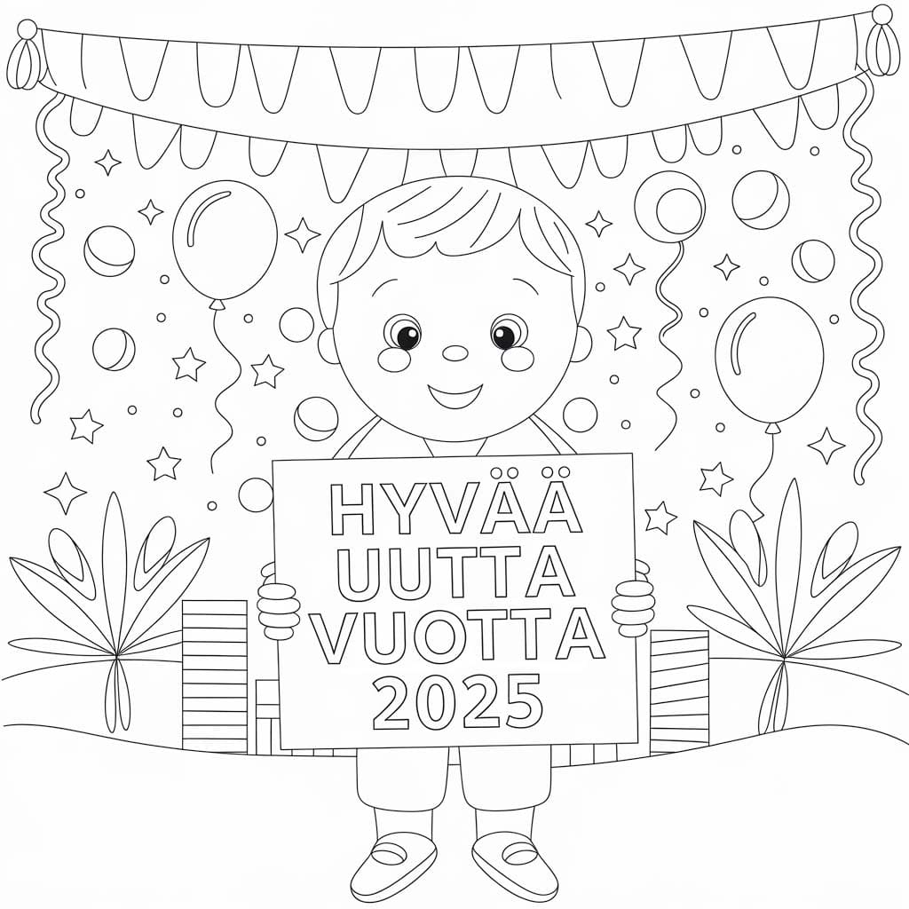 Lapsi Hyvää uutta vuotta 2025 Värityskuva