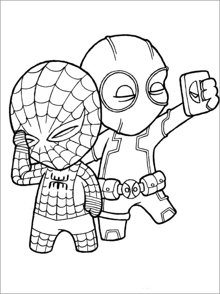 Chibi Deadpool ja Spiderman Värityskuva