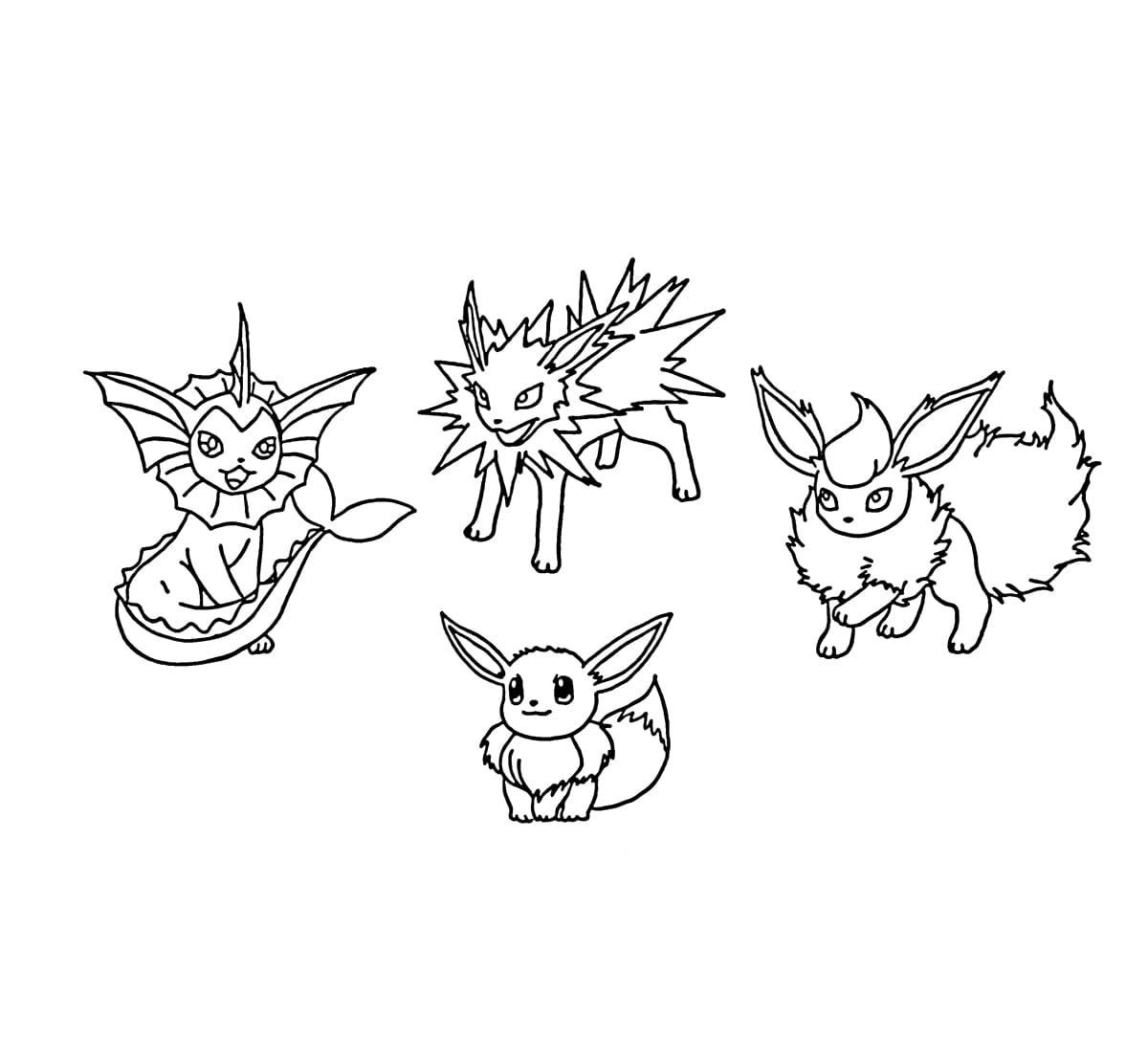 Eevee, Vaporeon, Jolteon ja Flareon Värityskuva